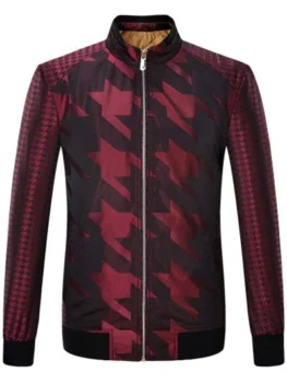 Zip Up Houndstooth Pattern Long Sleeve Padded Jacket