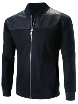 Stand Collar Zip-Up Argyle PU-Leather Spliced Design Jacket