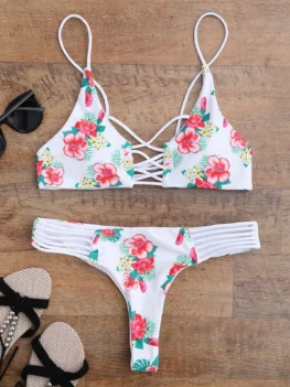 Floral Lace Up Strappy Bikini