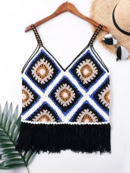 V-neck Crochet Fringe Cover Up Top