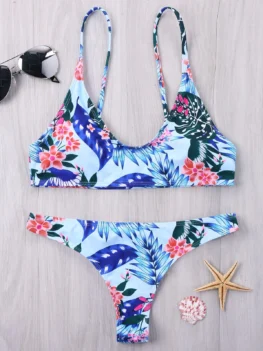 Floral Leaf Print Spaghetti Strap Bikini