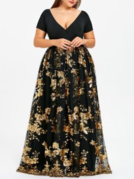 Plus Size Sparkly Sequined Floral Maxi Formal Dress
