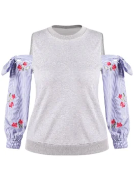 Striped Floral Tie Plus Size Cold Shoulder Sweatshirt