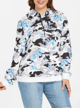 Plus Size Kangaroo Pocket Flower Camo Hoodie
