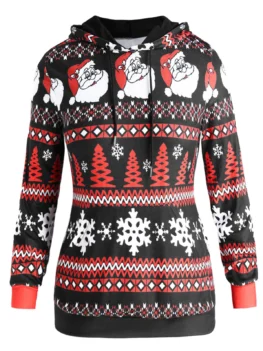 Plus Size Christmas Print Drawstring Hooodie