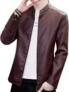 Stand Collar Zipper Faux Leather Jacket