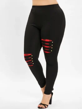 Plus Size Ripped Plaid Panel Leggings