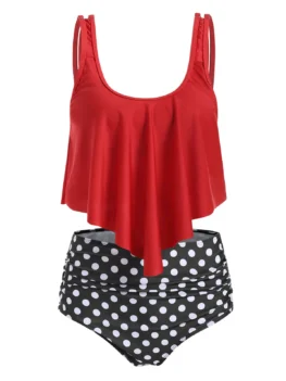 U Neck Striped Overlay Tankini Set