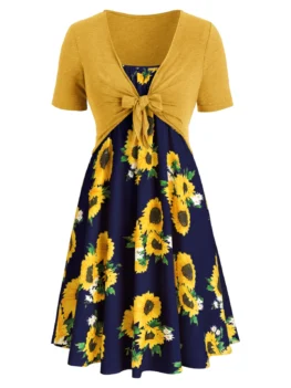 Plus Size Sunflower Print Dress With Front Knot Top