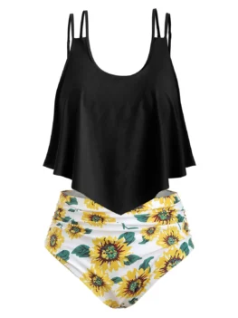 Sunflower Contrast Overlay Plus Size Tankini Set