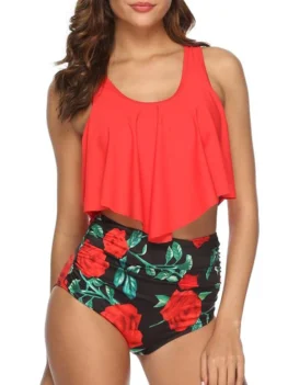 Floral Print Overlay Tankini Set