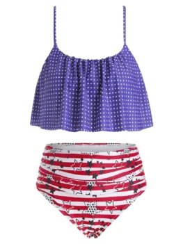 Plus Size American Flag Print Ruffle Bikini Set