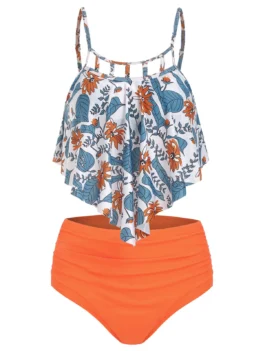 oral Print Cut Out Ruched Tankini Set