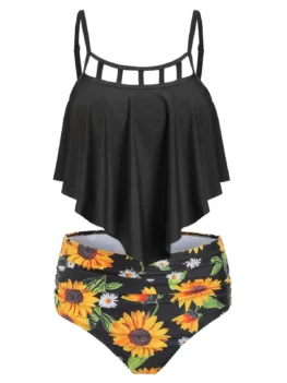 Cut Out Sunflower Overlay Tankini Set