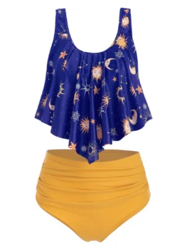 Sun Stars Moon Flounce Runched Tankini Swimsuit