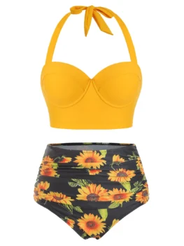 Sunflower Print Ruched Halter Bikini Swimsuit