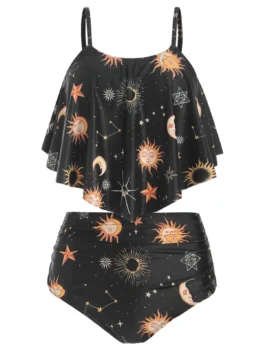 Sun and Moon Printed Overlay Tankini Swimsuit