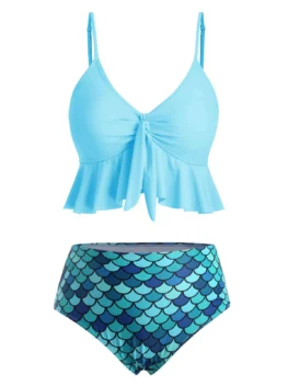 Flounce Knot Scale Print Mermaid Tankini Swimsuit