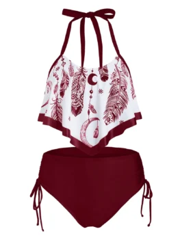 Feather Print Flounce Overlay Cinched Halter Tankini Swimsuit