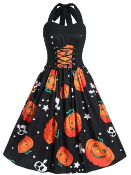 Plus Size Halloween Pumpkin Print Vintage Dress