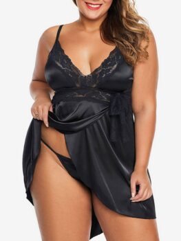Lace Panel Satin Bowknot Overlap T Back Plus Size Babydoll