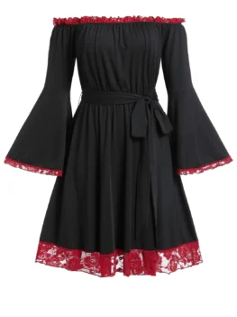 Plus Size Lace Trim Bell Sleeve Off The Shoulder Dress