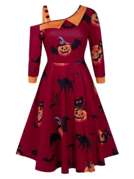Cat Print A Line High Waist Halloween Dress