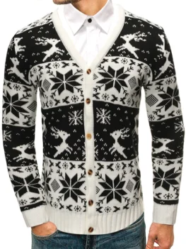 Christmas Elk Snowflake Jacquard Print Button Knitted Cardigan
