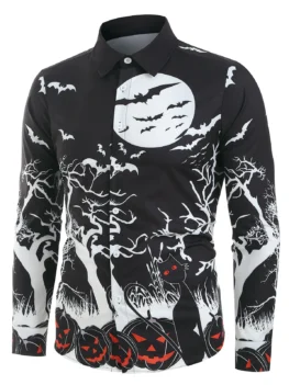Halloween Night Pumpkins Print Button Up Long Sleeve Shirt