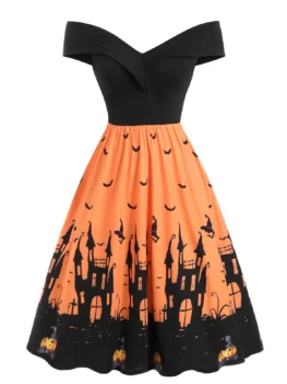 Off Shoulder Pumpkin Bat Flared Halloween Dress