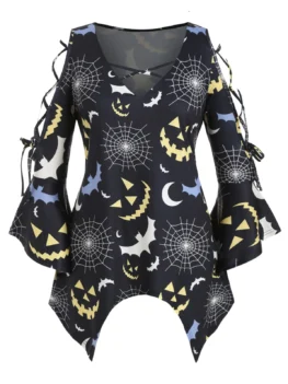 Cobwebs Print Halloween Lattice Criss Cross Plus Size Top