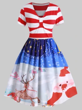 Plus Size Stripe Christmas Print Vintage Swing Dress
