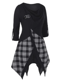 Plus Size Asymmetric Cowl Neck Plaid Front Slit Tunic Sweater