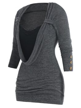 Plus Size Lace Panel Button Embellished Heathered Faux Twinset T