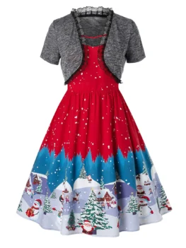 Plus Size Vintage Christmas Snowman Tree Print Pin Up Dress