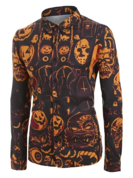 Plus Size Halloween Pumpkin and Skull Print Long Sleeve Shirt