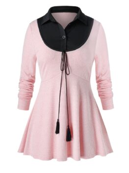 Plus Size Two Tone Tassel Tie Ribbed Tunic Knitwear