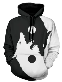 Wolf Print Kangaroo Pocket Casual Hoodie