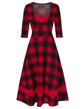 Plaid Print Sweetheart Neck Midi Vintage Flare Dress