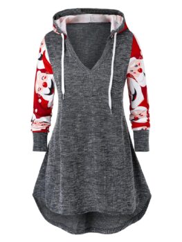 Plus Size Father Christmas Print Marled Tunic Hoodie