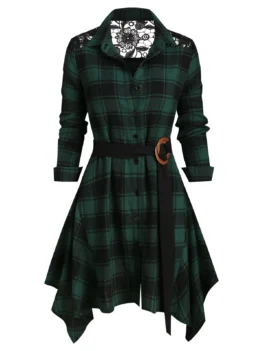Lace Panel Plaid Button Up Belted Shirt