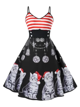 Plus Size Vintage Cat Print Christmas Swing Dress
