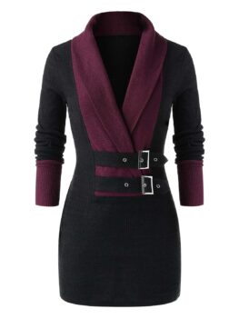 Plus Size Tunic Two Tone Turn-down Collar Sweater