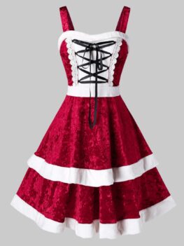Plus Size Lace Up Velvet Christmas Dress