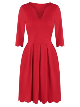 Scalloped Hem Notched Neckline Pleated Mini Dress