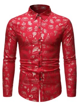 Christmas Pattern Allover Print Long Sleeve Button Shirt