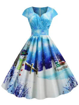 Christmas Castle Santa Claus Tree Print Surplice Dress