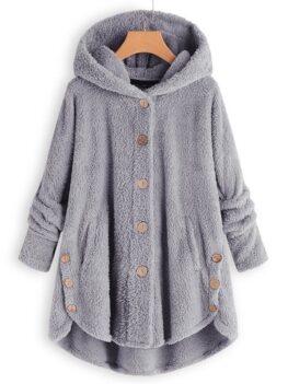 Hooded Faux Shearling Buttons Plus Size Coat