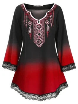 Printed Scalloped Lace Panel Longline Plus Size Blouse