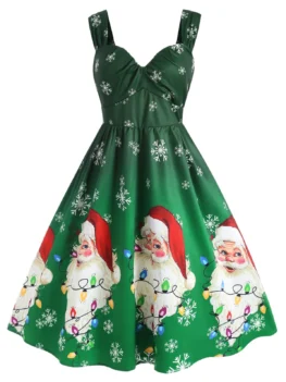 Plus Size Christmas Santa Claus Snowflake A Line Retro Dress